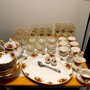 Vintage Old Country Rose Albert Tea Set and Saucers, Bowls, and Glasses 62 piece